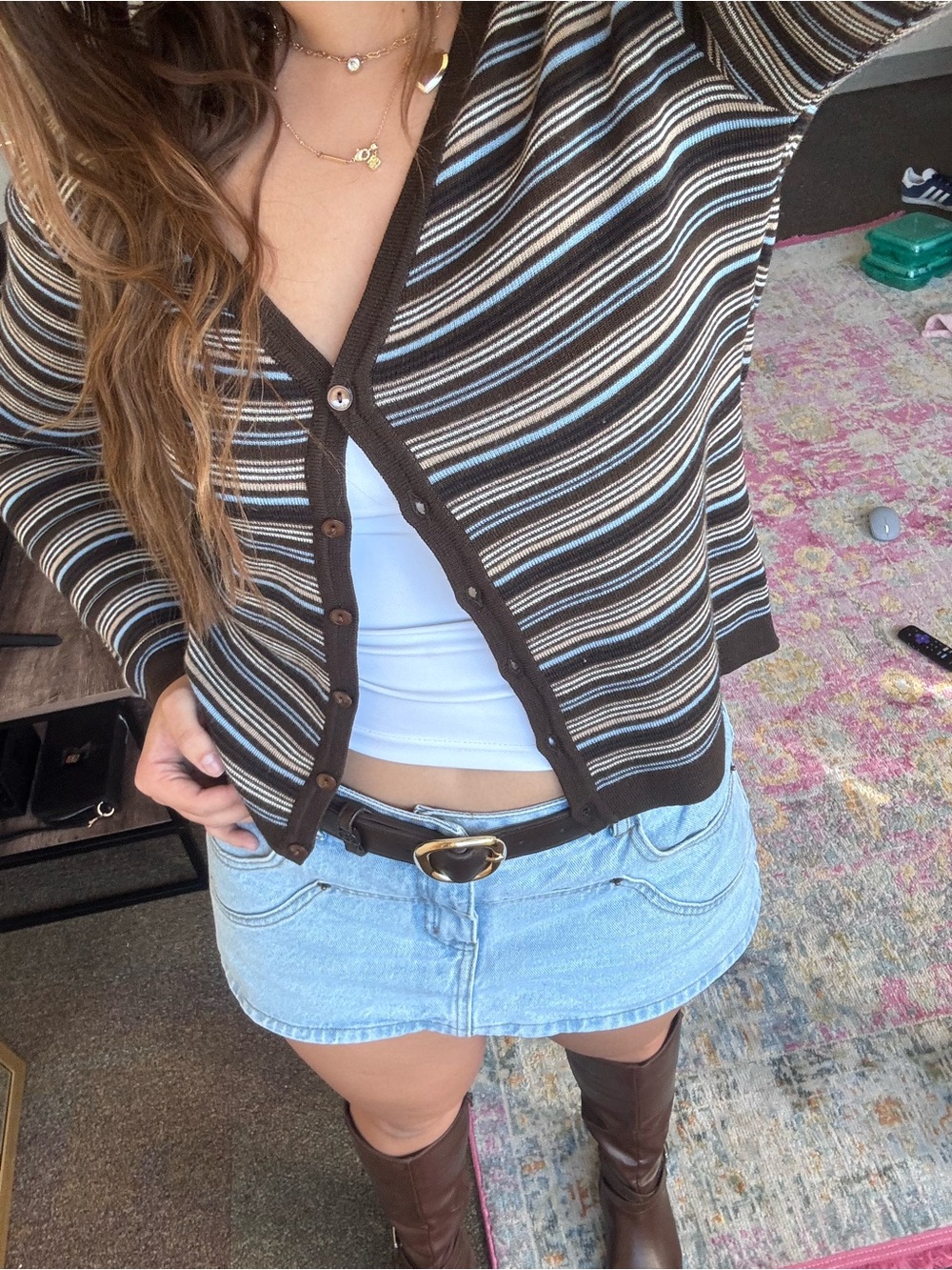 Vintage Striped Button-Front Cardigan - Brown with Blue & Cream Stripes